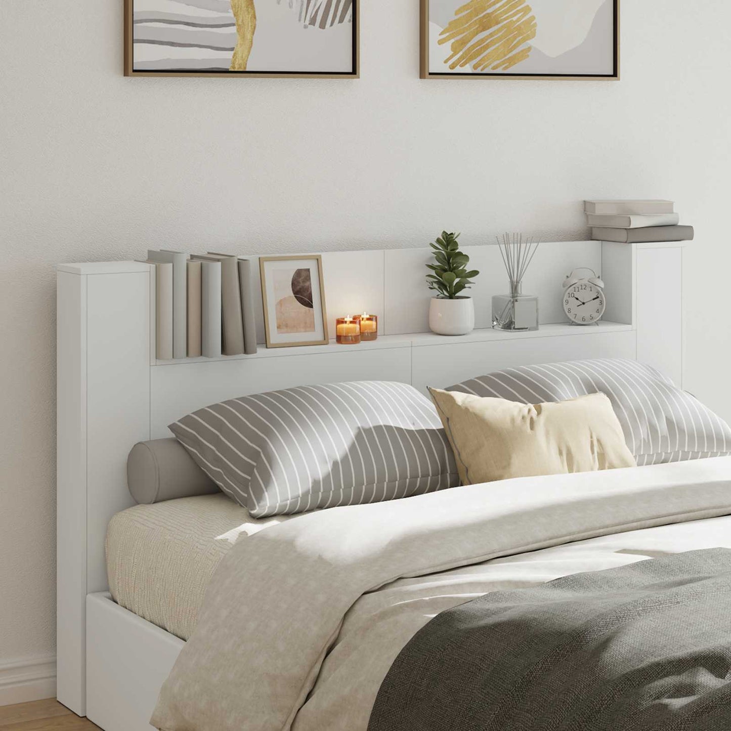 Storage Headboard with LED White Engineered Wood