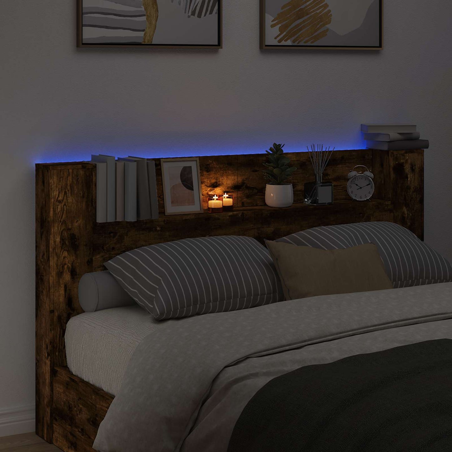Storage Headboard with LED Smoked Oak Engineered Wood