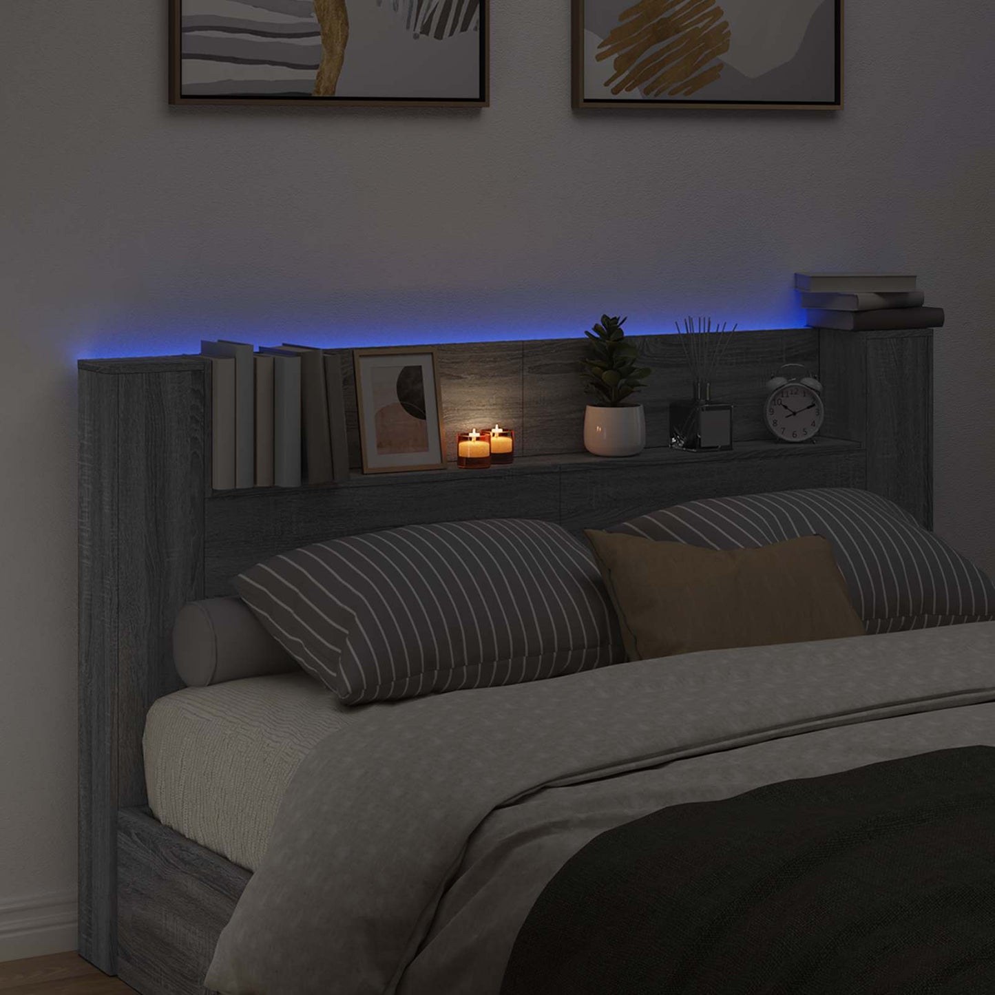 Storage Headboard with LED Grey Sonoma Engineered Wood