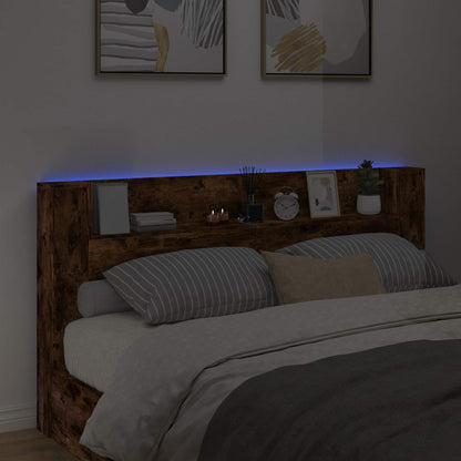 Storage Headboard with LED Smoked Oak Engineered Wood