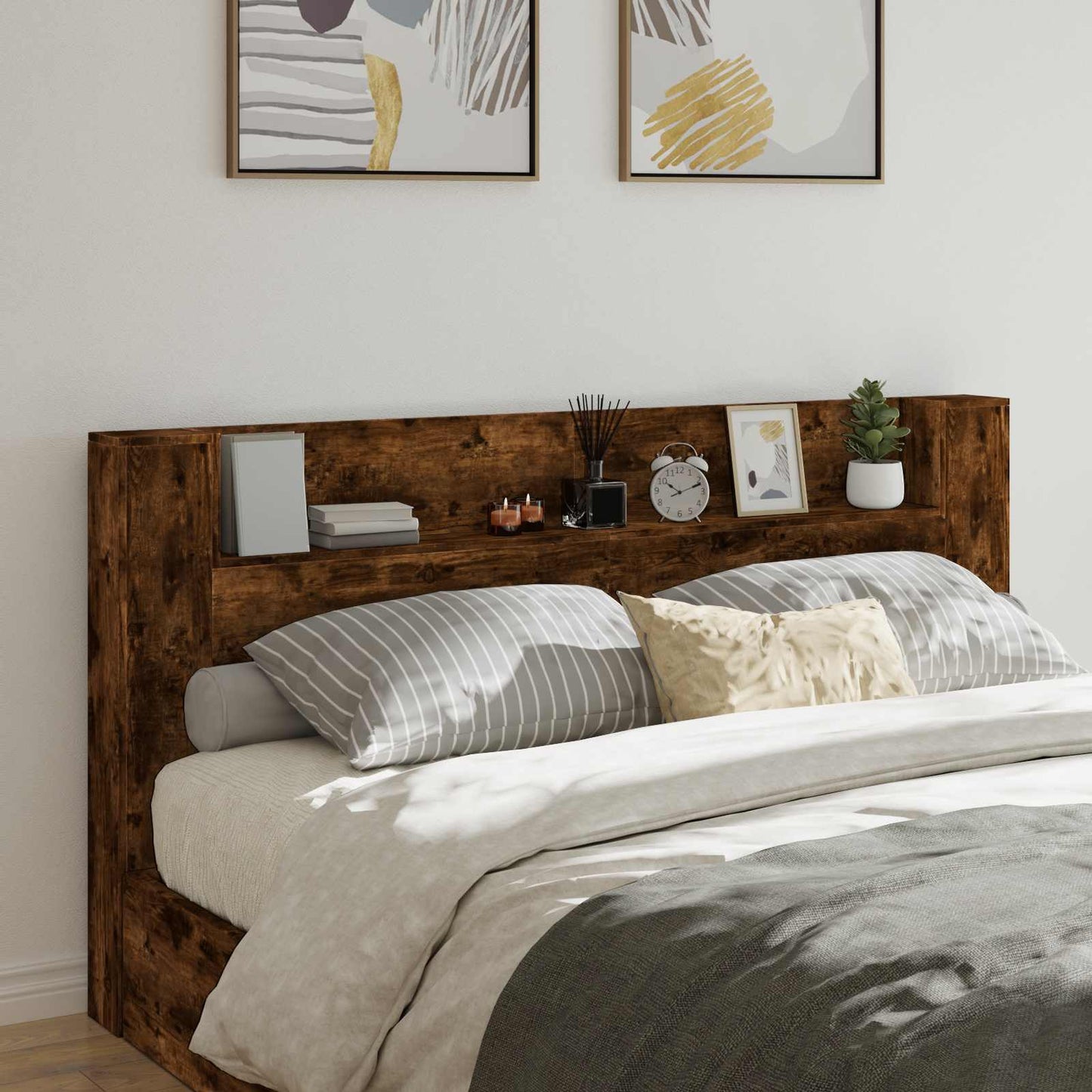 Storage Headboard with LED Smoked Oak Engineered Wood