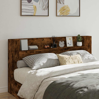 Storage Headboard with LED Smoked Oak Engineered Wood