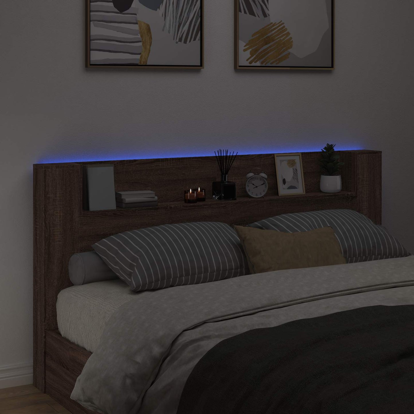 Storage Headboard with LED Brown Oak Engineered Wood