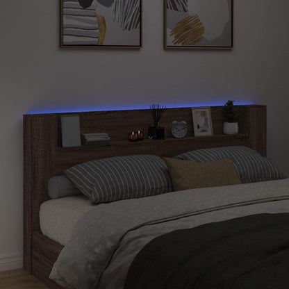 Storage Headboard with LED Brown Oak Engineered Wood
