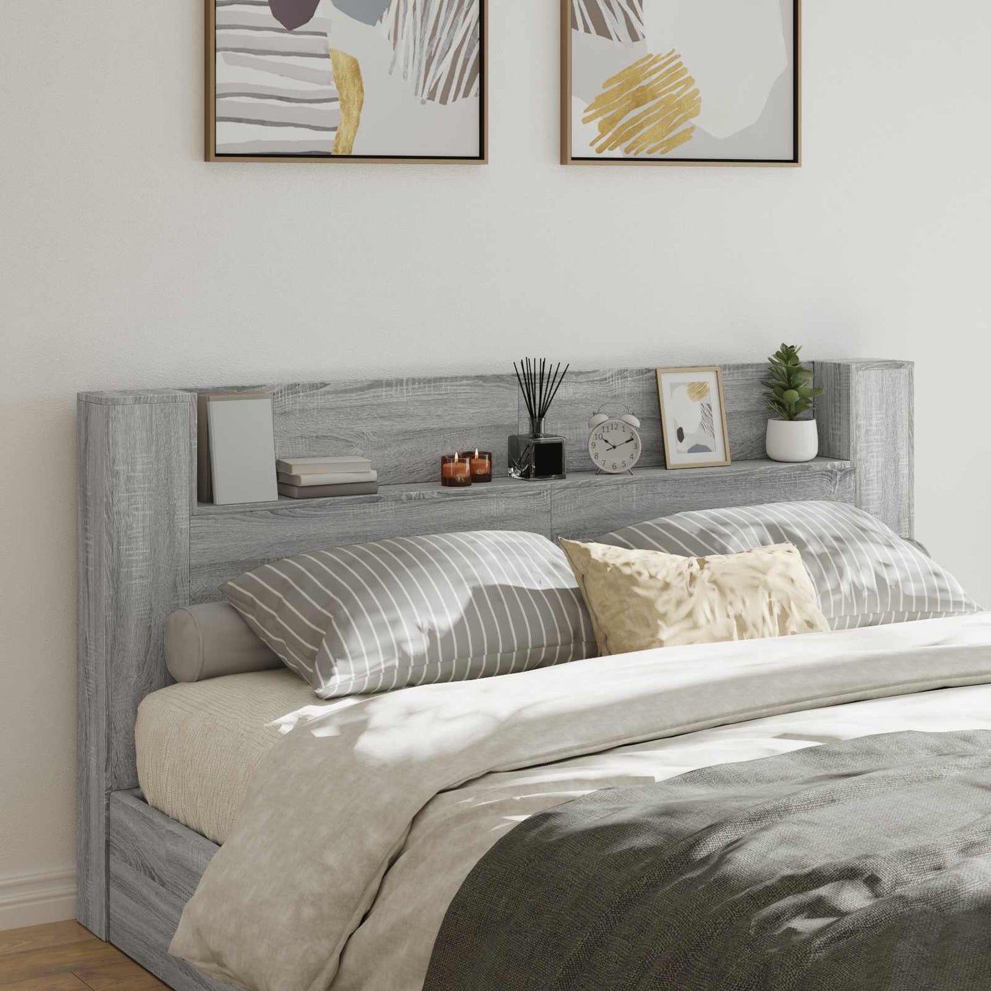 Storage Headboard with LED Grey Sonoma Engineered Wood