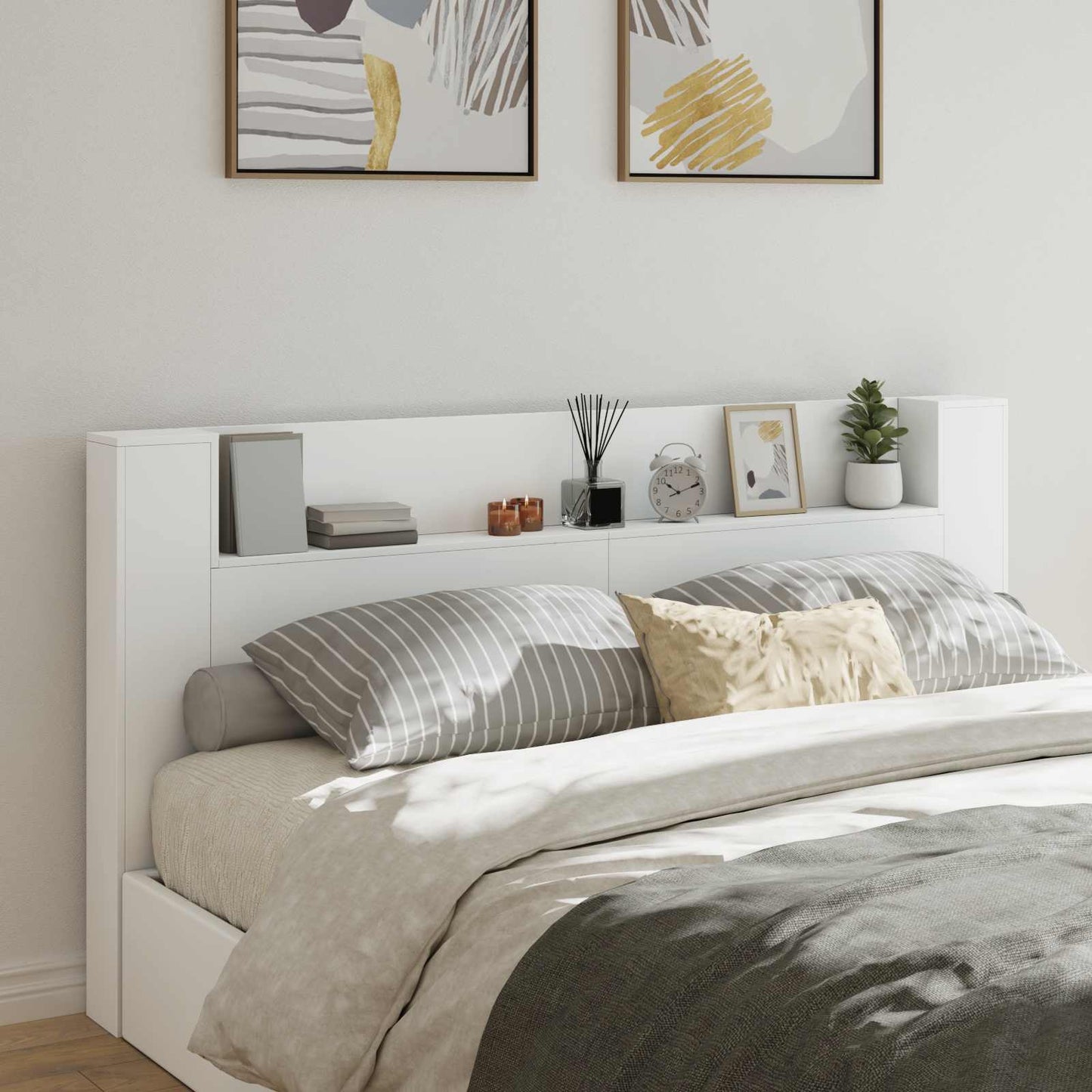 Storage Headboard with LED White Engineered Wood