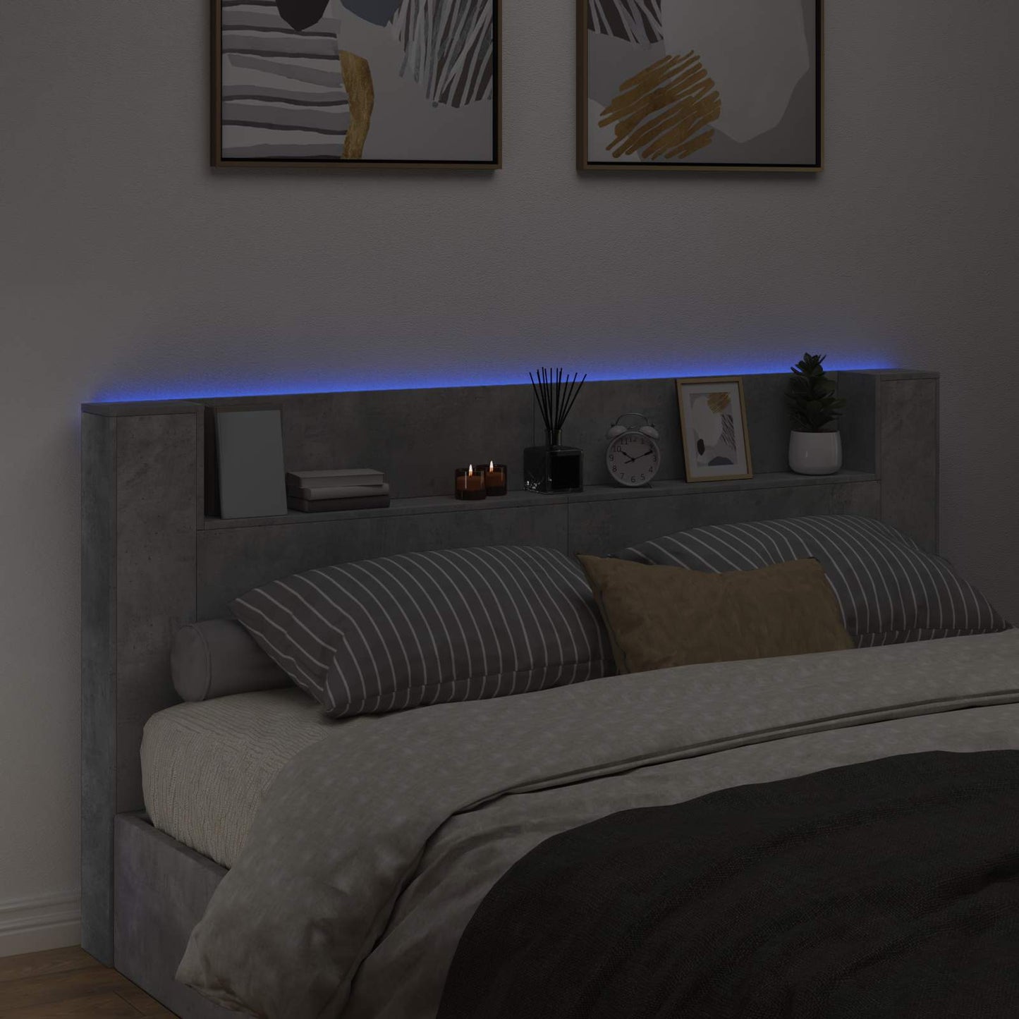 Storage Headboard with LED Concrete Grey Engineered Wood