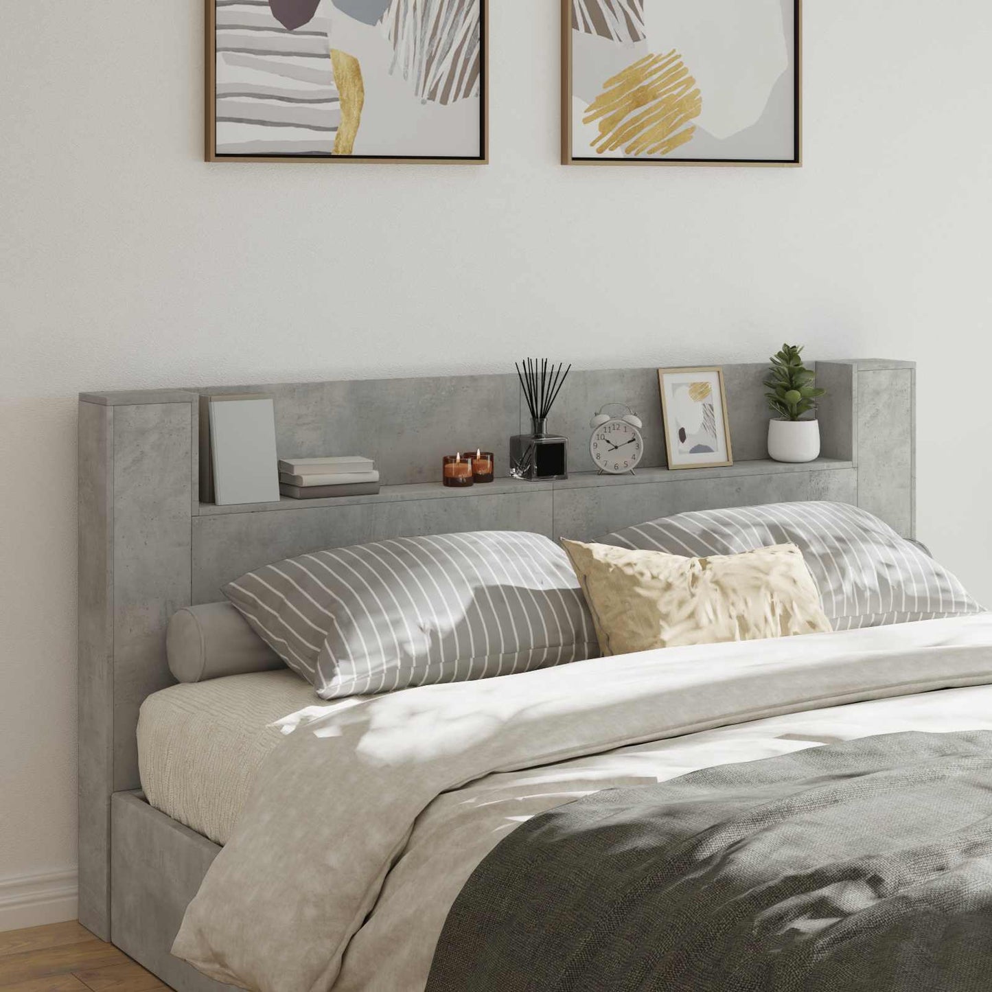 Storage Headboard with LED Concrete Grey Engineered Wood