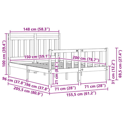 Bed Frame Wax Brown 205.5 x 155.5 x 100 cm Solid Pine Wood