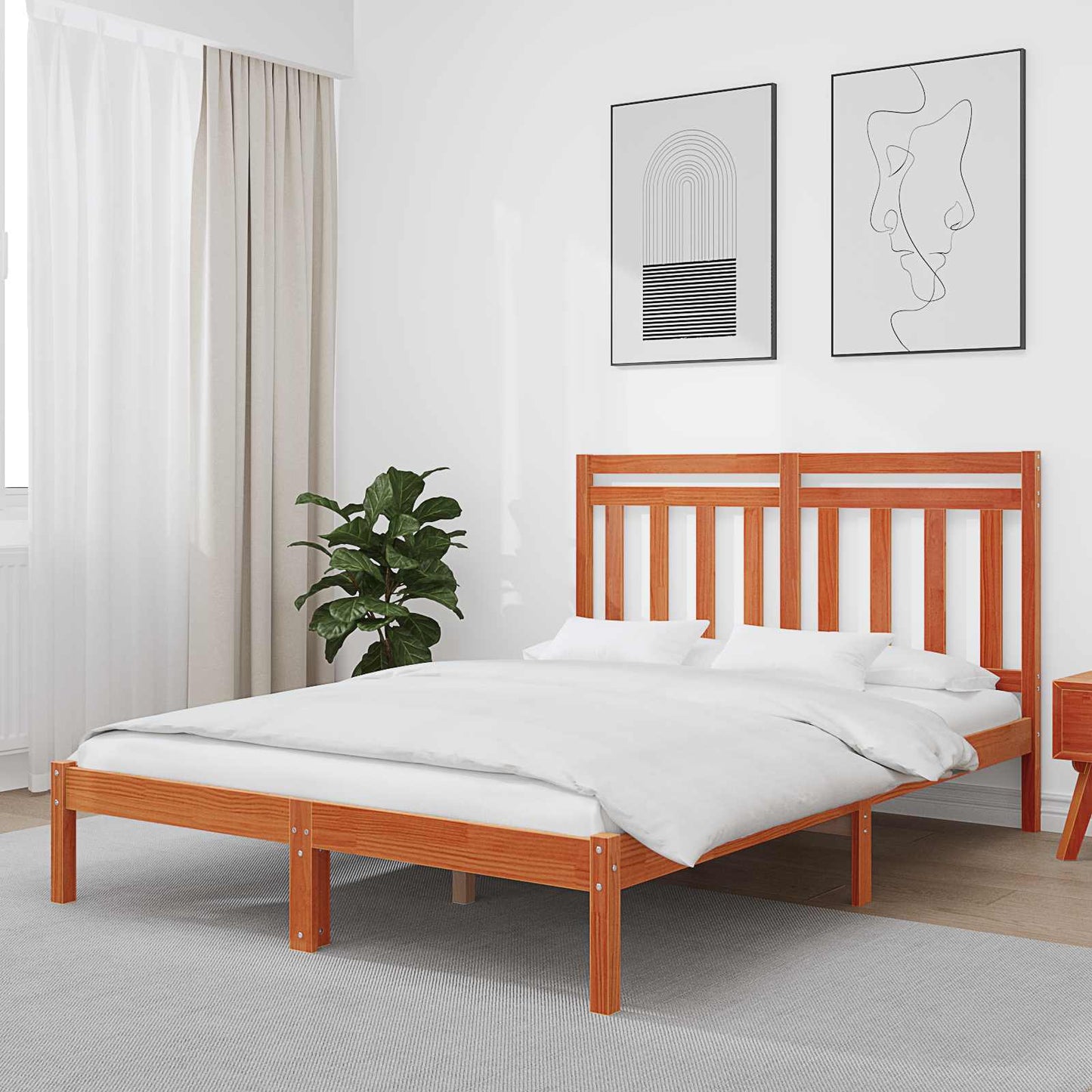 Bed Frame Wax Brown 205.5 x 165.5 x 100 cm Solid Pine Wood