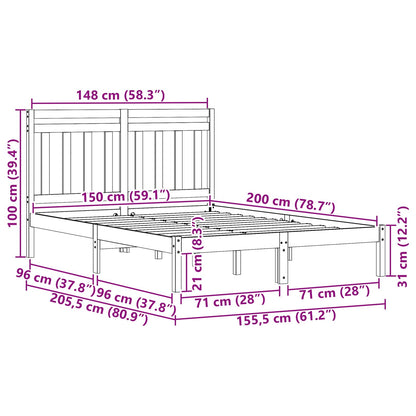 Bed Frame Wax Brown 205.5 x 155.5 x 100 cm Solid Pine Wood