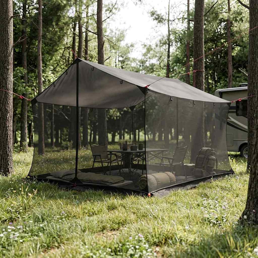 Camping Tarp with Mesh Walls Brown Grey 340 x 260 x 220 cm