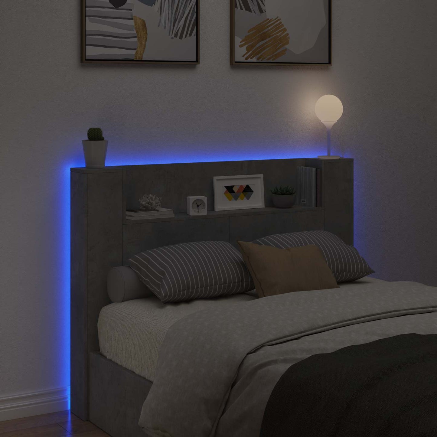Headboard Cabinet with LED Concrete 140 x 16.5 x 103.5 cm