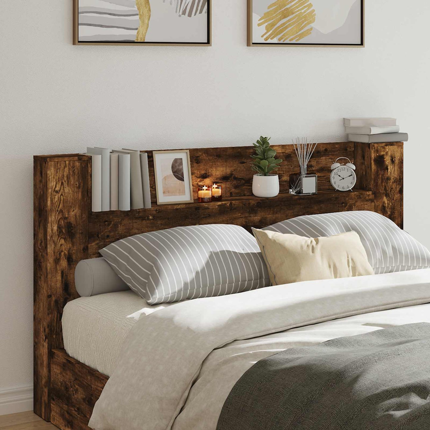 Headboard Cabinet with LED Smoked Oak 180 x 16.5 x 103.5 cm