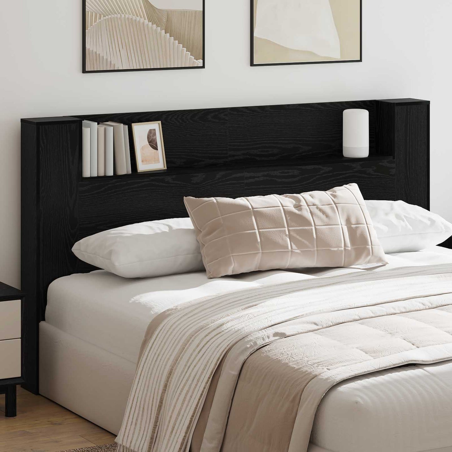 Headboard Cabinet with LED Black Oak 180 x 16.5 x 103.5 cm