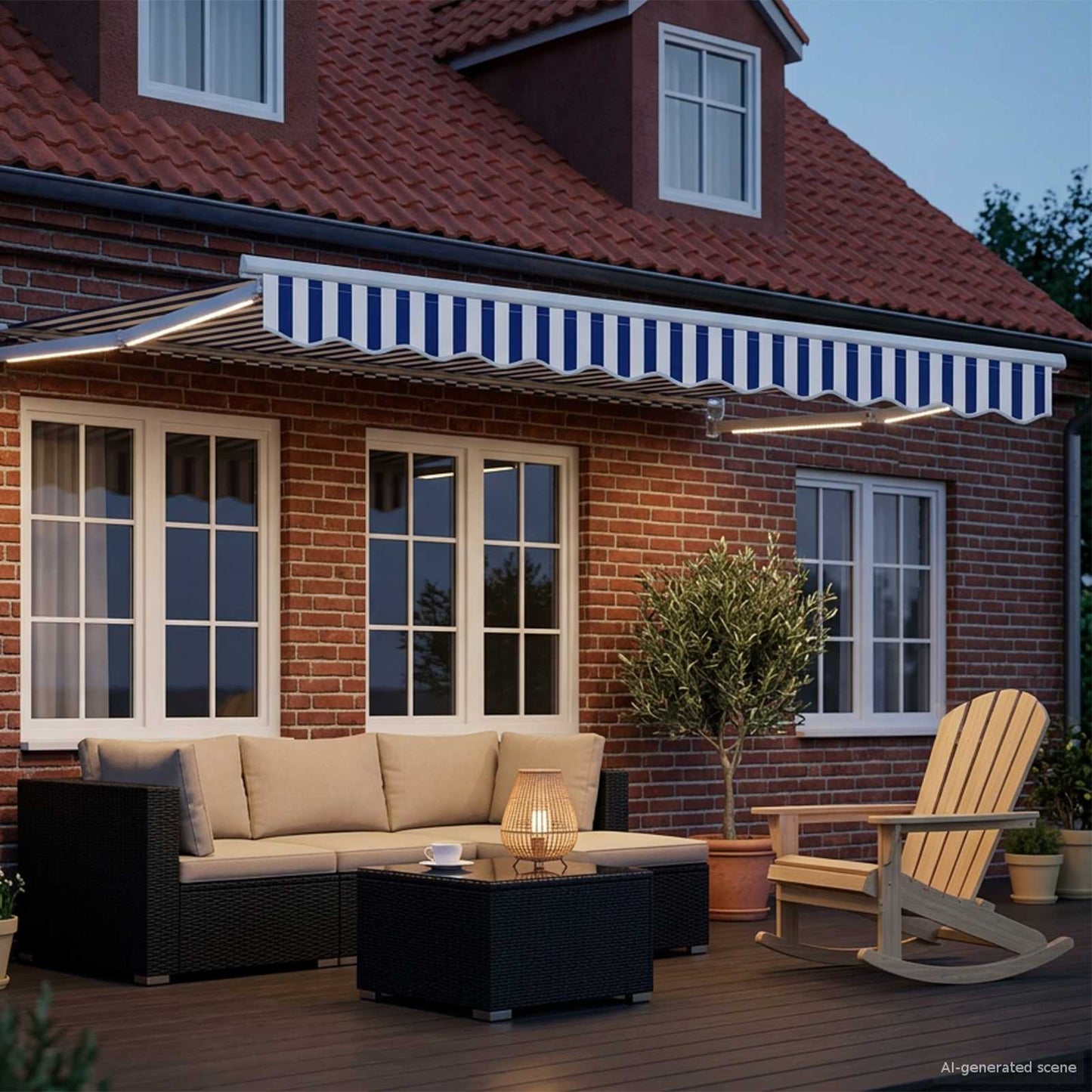 Manual Retractable Awning with LEDs Blue and White 3 x 2.5 m