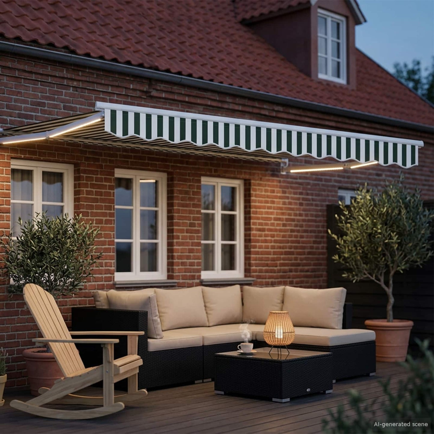 Manual Retractable Awning with LEDs Green and White 3.5 x 2.5 m