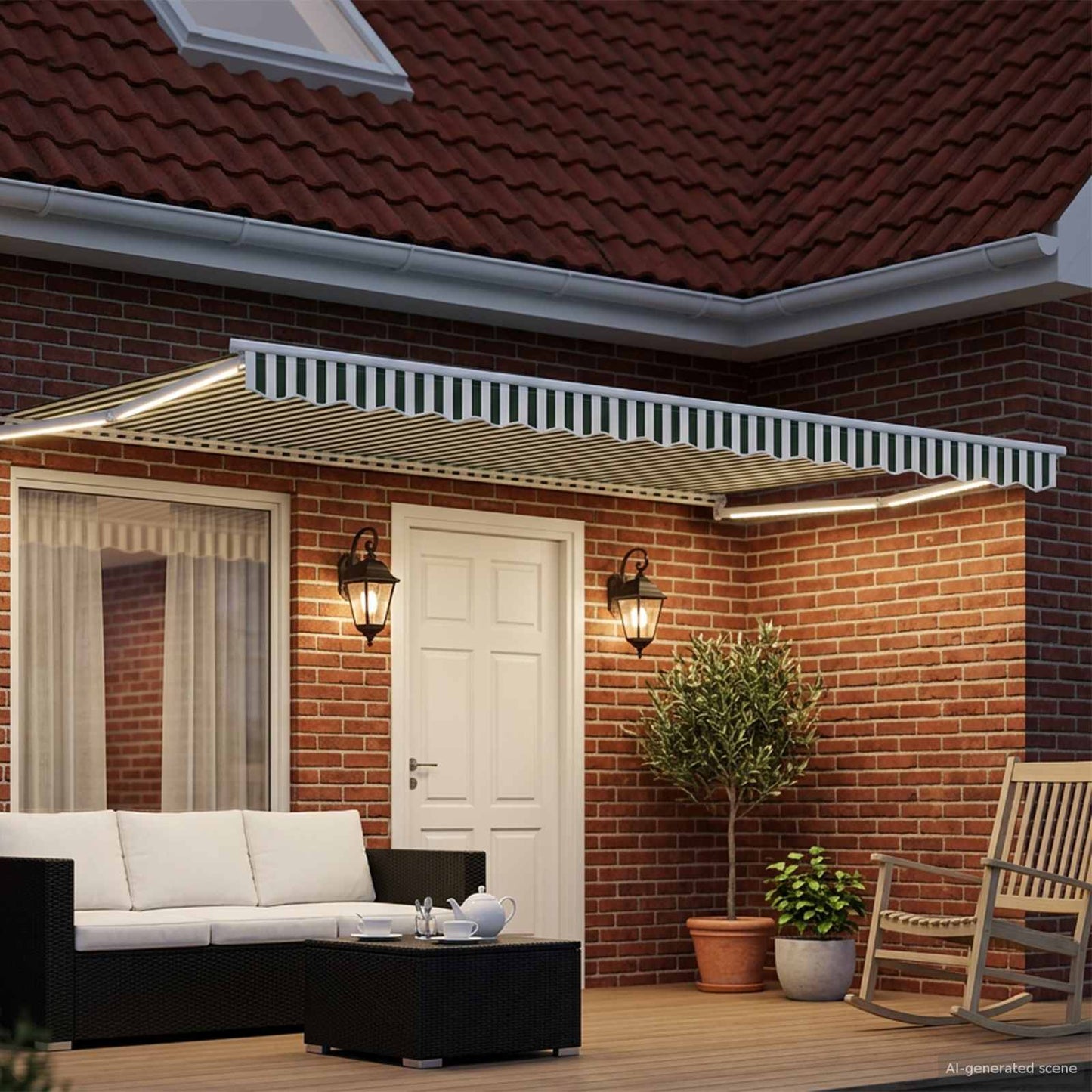Manual Retractable Awning with LEDs Green and White 4.5 x 3 m