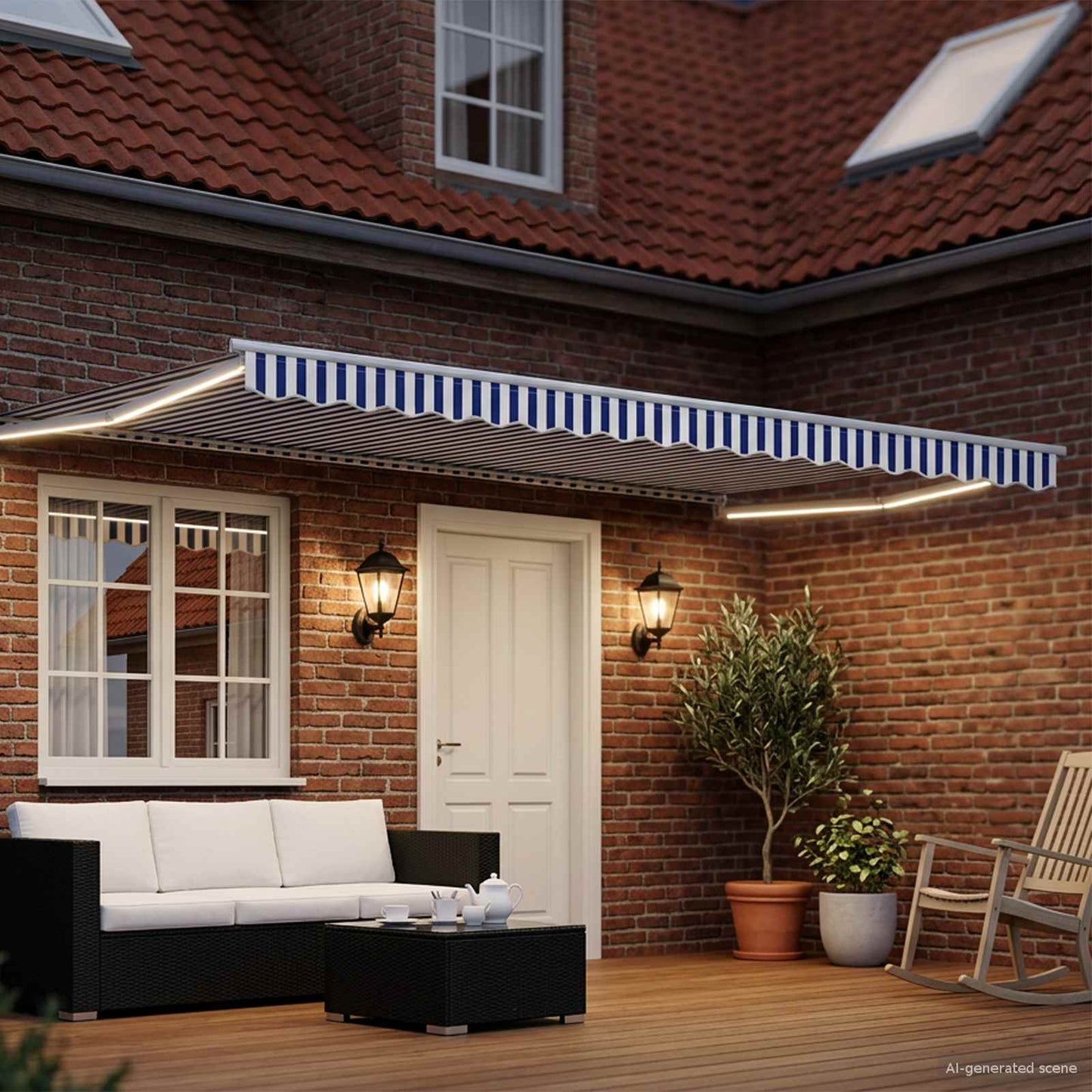 Manual Retractable Awning with LEDs Blue and White 5 x 3 m