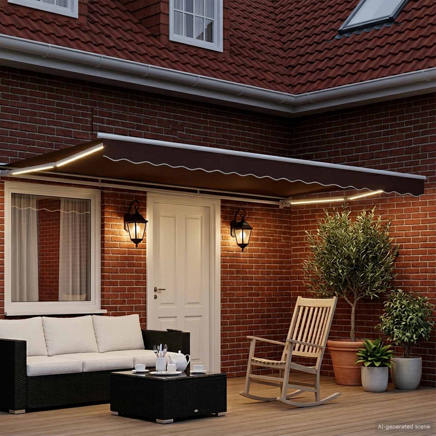 Manual Awning Frame with LEDs Brown and White 4.5 x 3.5 m