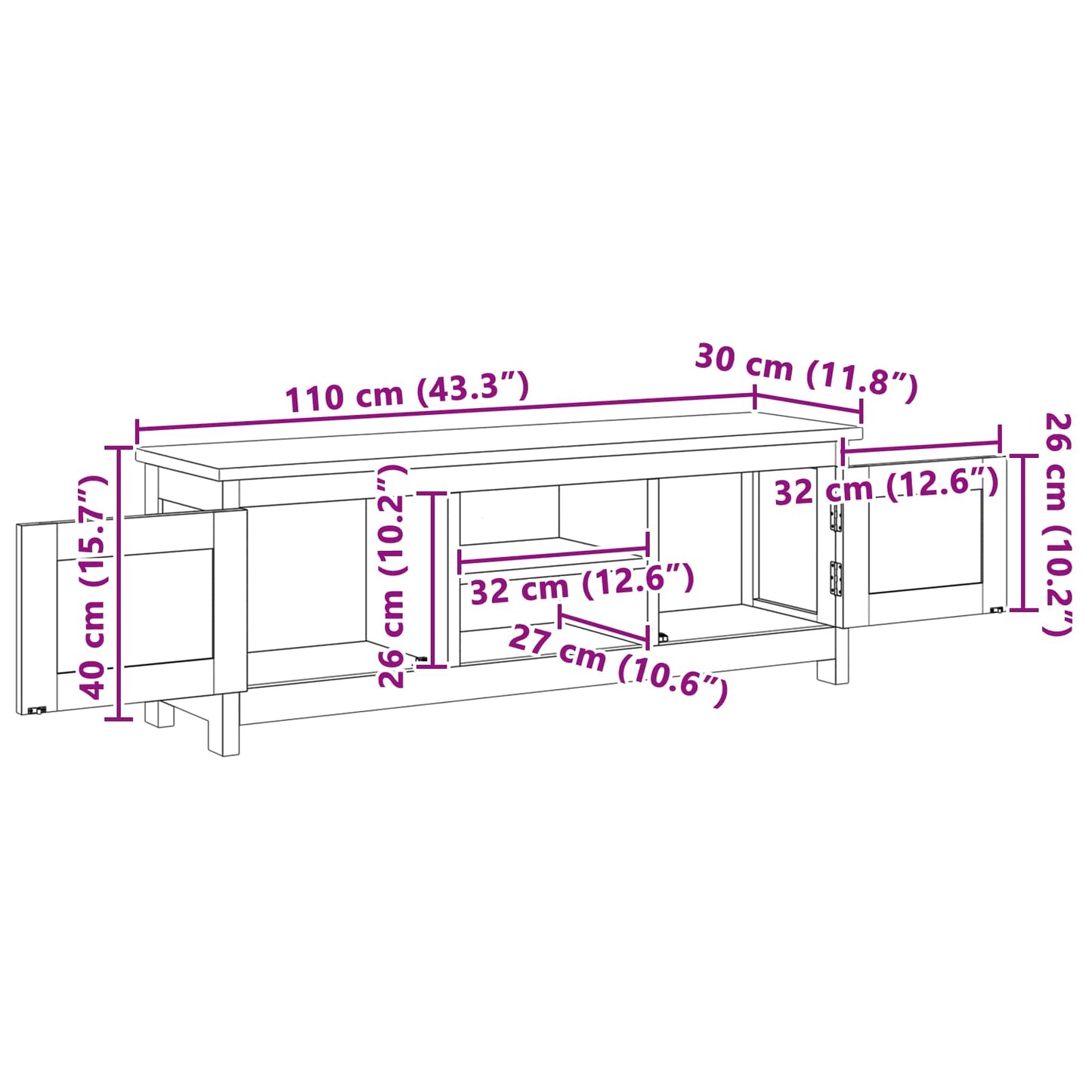 TV cabinet 110 x 30 x 40 cm Natural Solid Teak Wood