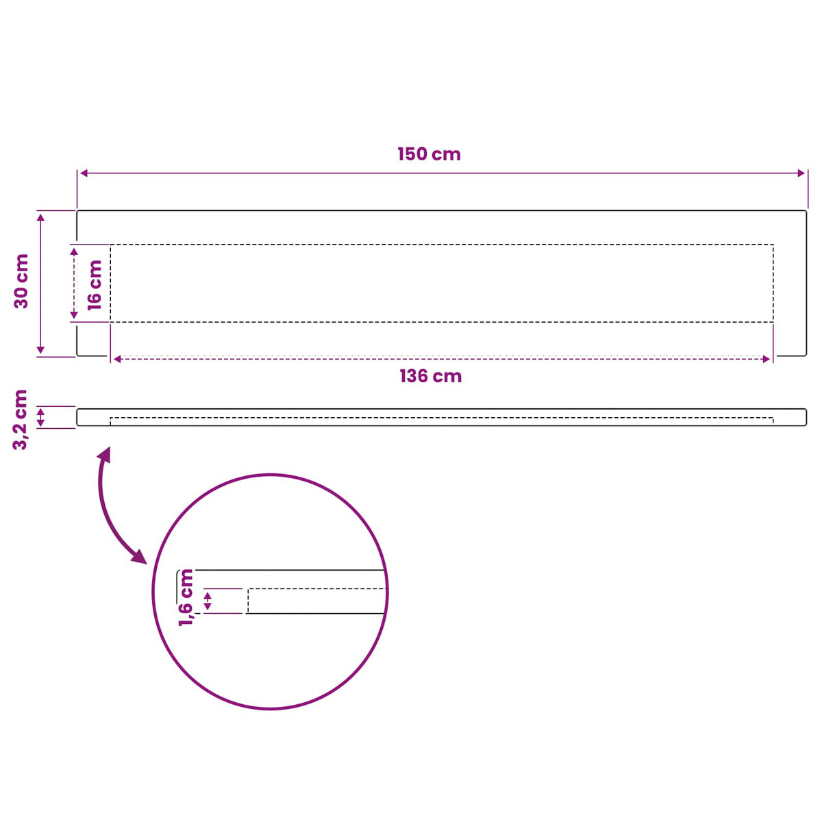 Rectangular Table Top 150 x 30 x 3.2 cm Rectangular
