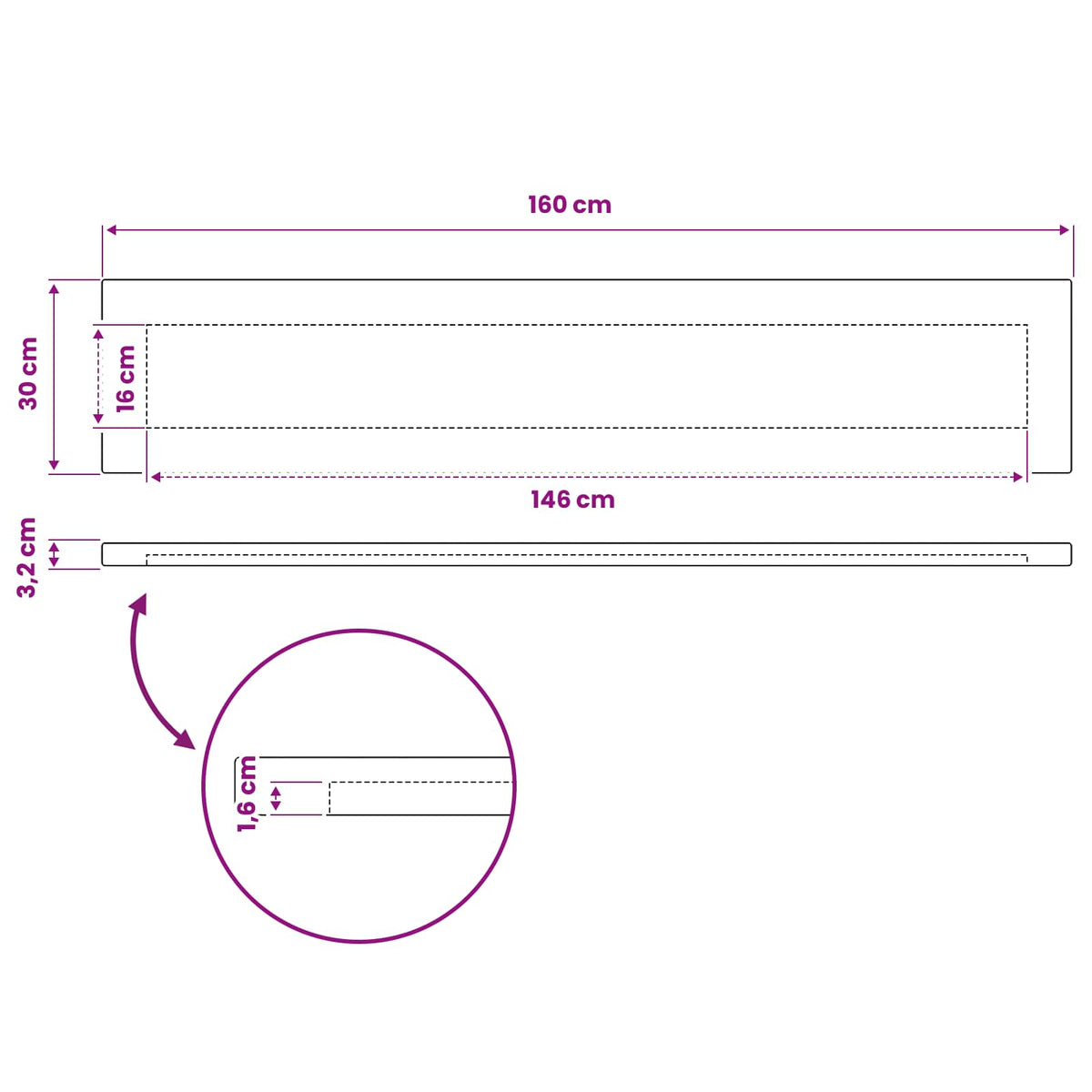 Rectangular Table Top 160 x 30 x 3.2 cm Rectangular