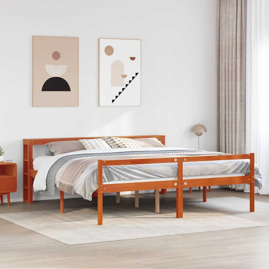 Bed Frame with Shelf 2 pcs Wax Brown Solid Pine Wood