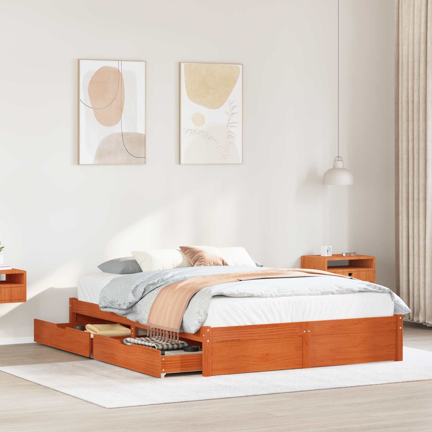 Bed Frame with Drawer Wax Brown 150 x 200 cm Solid Pine Wood
