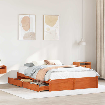 Bed Frame with Drawer Wax Brown 150 x 200 cm Solid Pine Wood