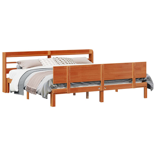 Bed Frame with Shelf 2 pcs Wax Brown Solid Pine Wood