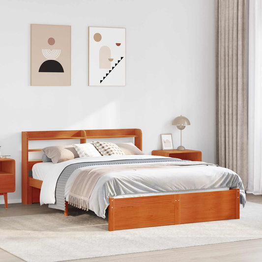 Bed Frame with Shelf Wax Brown 160 x 200 cm Solid Pine Wood