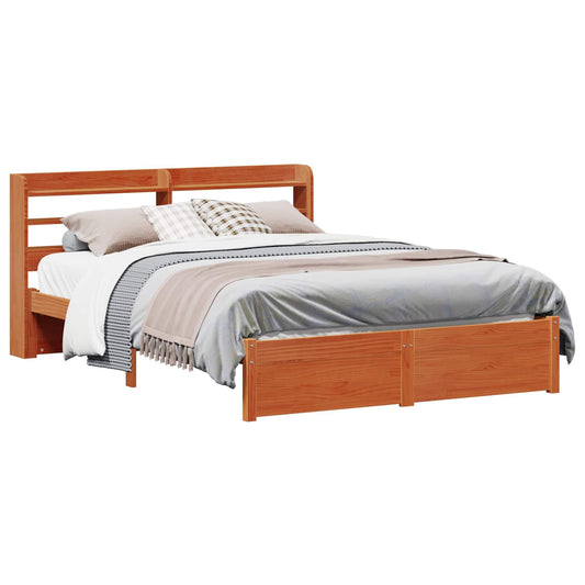 Bed Frame with Shelf Wax Brown 160 x 200 cm Solid Pine Wood