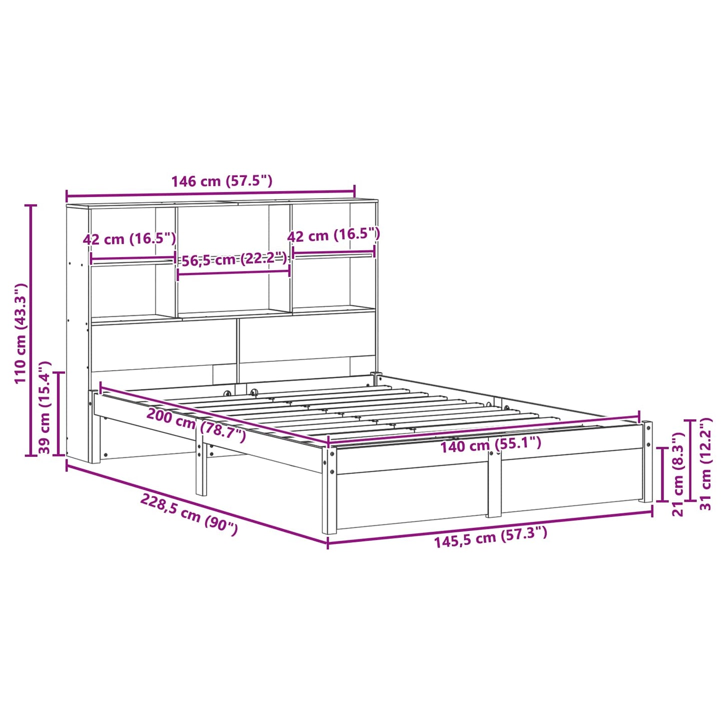 Bed Frame with Storage Headboard Wax Brown 140 x 200 cm