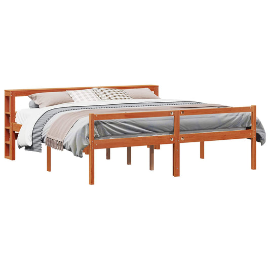 Bed Frame with Shelf 2 pcs Wax Brown Solid Pine Wood
