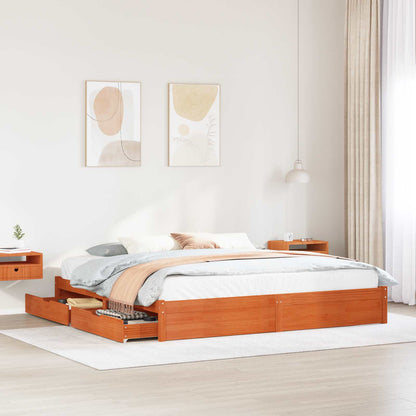 Bed Frame with Drawer Wax Brown 180 x 200 cm Solid Pine Wood