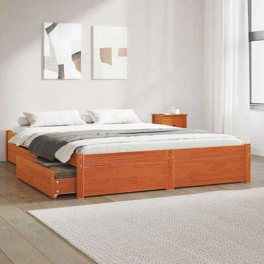 Bed Frame with Drawer Wax Brown 160 x 200 cm Solid Pine Wood