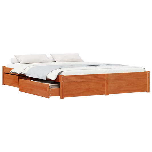Bed Frame with Drawer Wax Brown 160 x 200 cm Solid Pine Wood