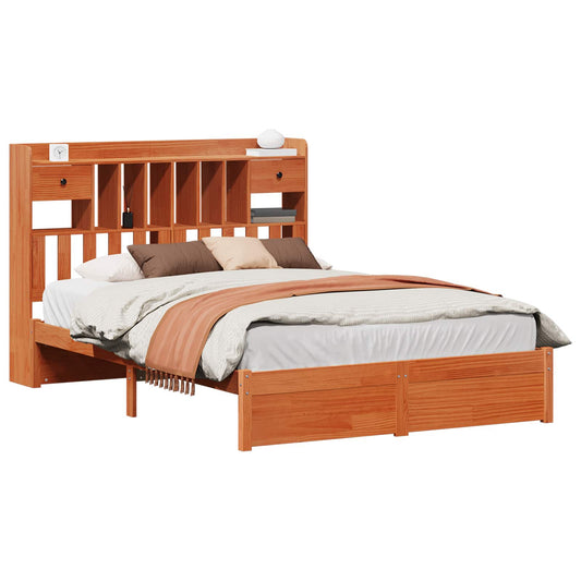 Bookcase Bed Frame Plain Wax Brown 200 x 160 cm Solid Pine Wood
