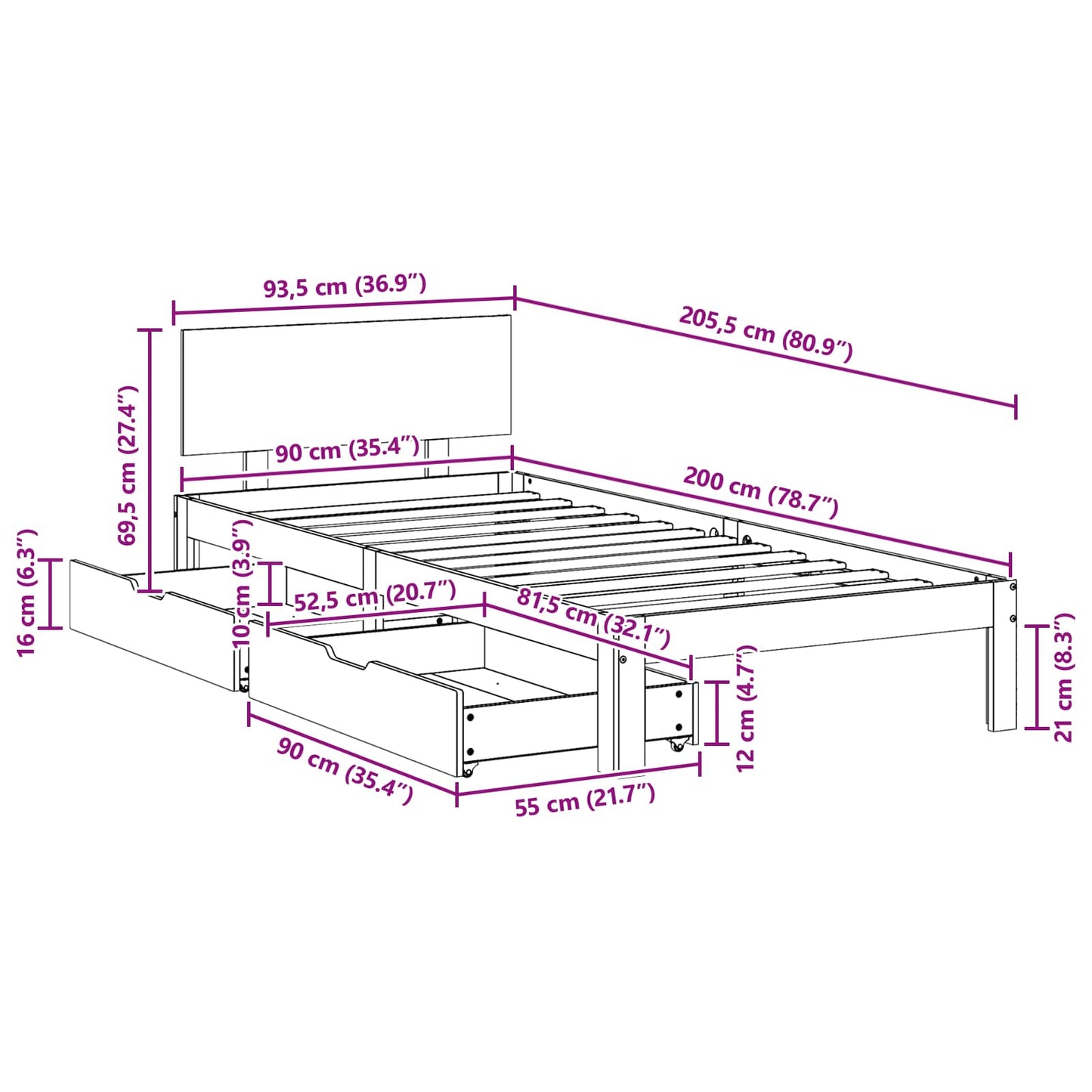 Bed Frame with Headboard 3 pcs Wax Brown Solid Pine Wood