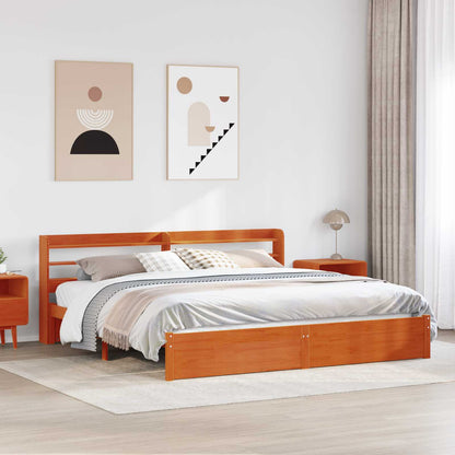 Bed Frame with Headboard Wax Brown 200 x 200 cm Solid Pine Wood