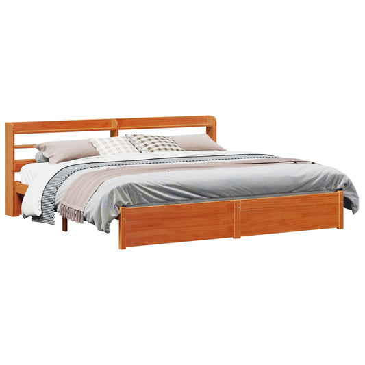 Bed Frame with Shelf Wax Brown 200 x 200 cm Solid Pine Wood