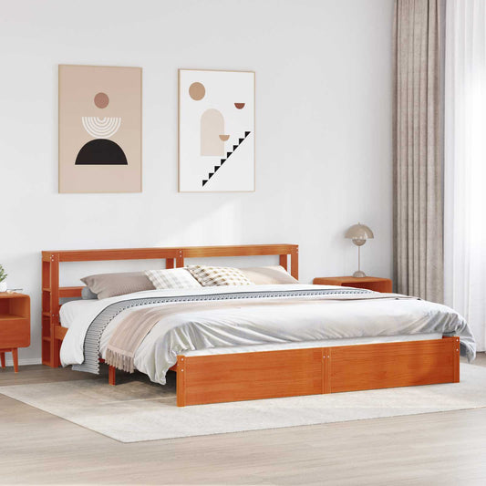 Bed Frame with Shelf Wax Brown 180 x 200 cm Solid Pine Wood