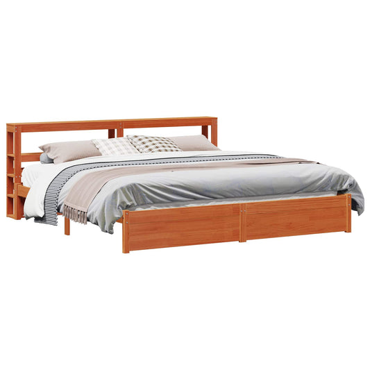 Bed Frame with Shelf Wax Brown 180 x 200 cm Solid Pine Wood