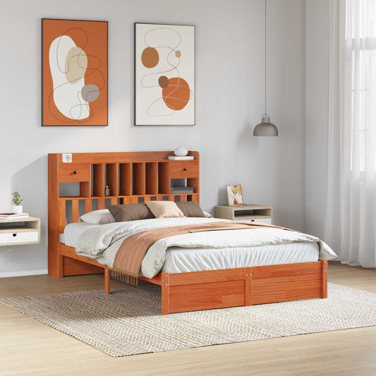 Bookcase Bed Frame Plain Wax Brown 200 x 150 cm Solid Pine Wood