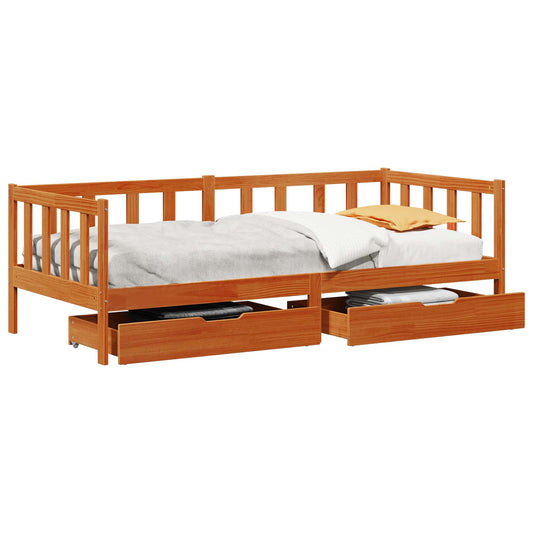 Daybed with Drawer with Wheel 3 pcs Wax Brown Solid Pine Wood