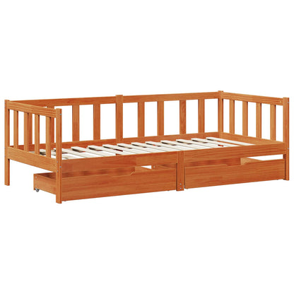 Daybed with Drawer with Wheel 3 pcs Wax Brown Solid Pine Wood