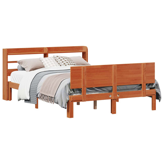 Bed Frame with Shelf 2 pcs Wax Brown Solid Pine Wood
