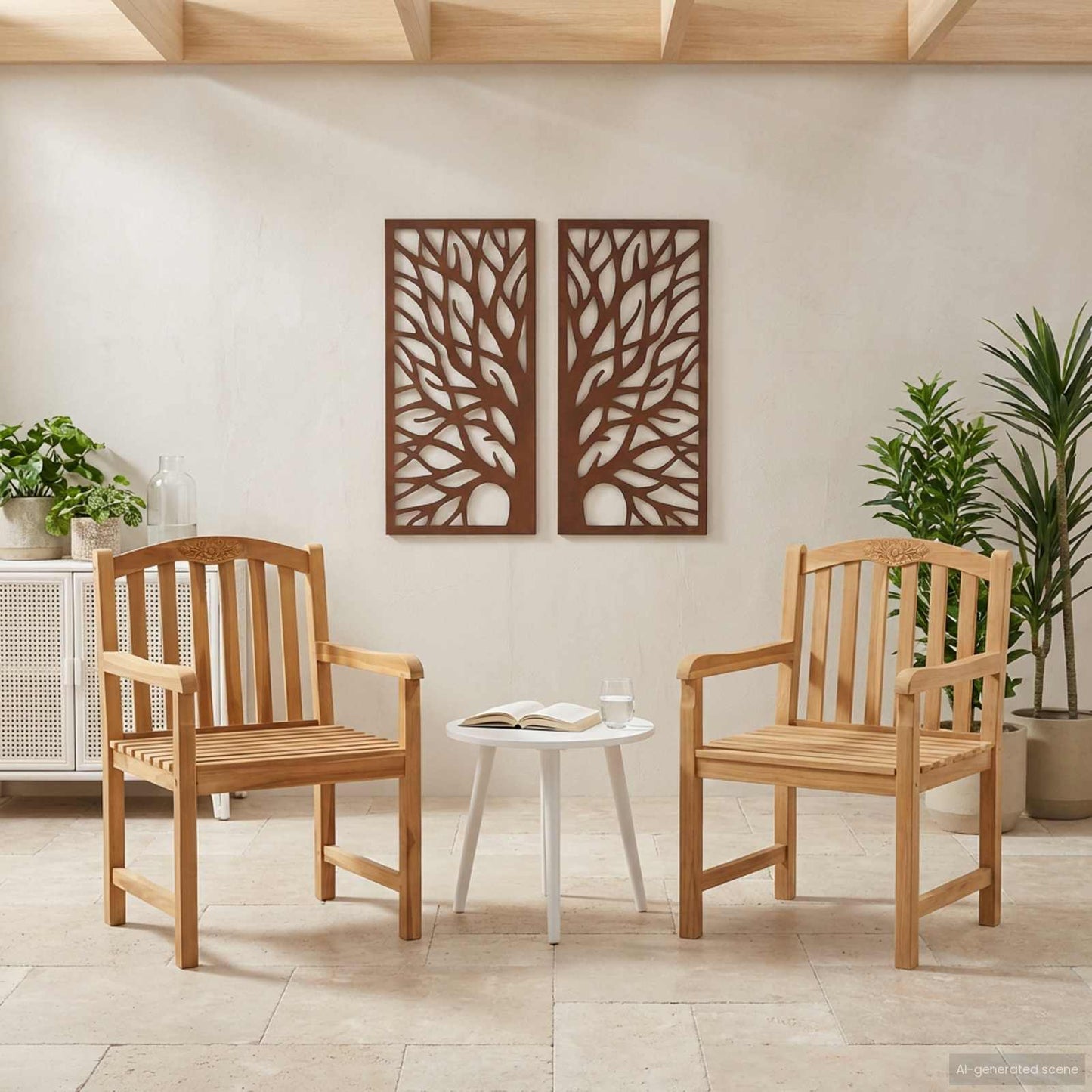 Handcarved Rose Chair 2 pcs Natural Solid Teak Wood