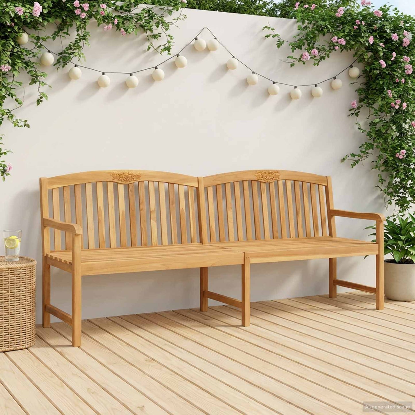Handcarved Rose Bench 228 x 60 x 90 cm Solid Teak Wood Natural
